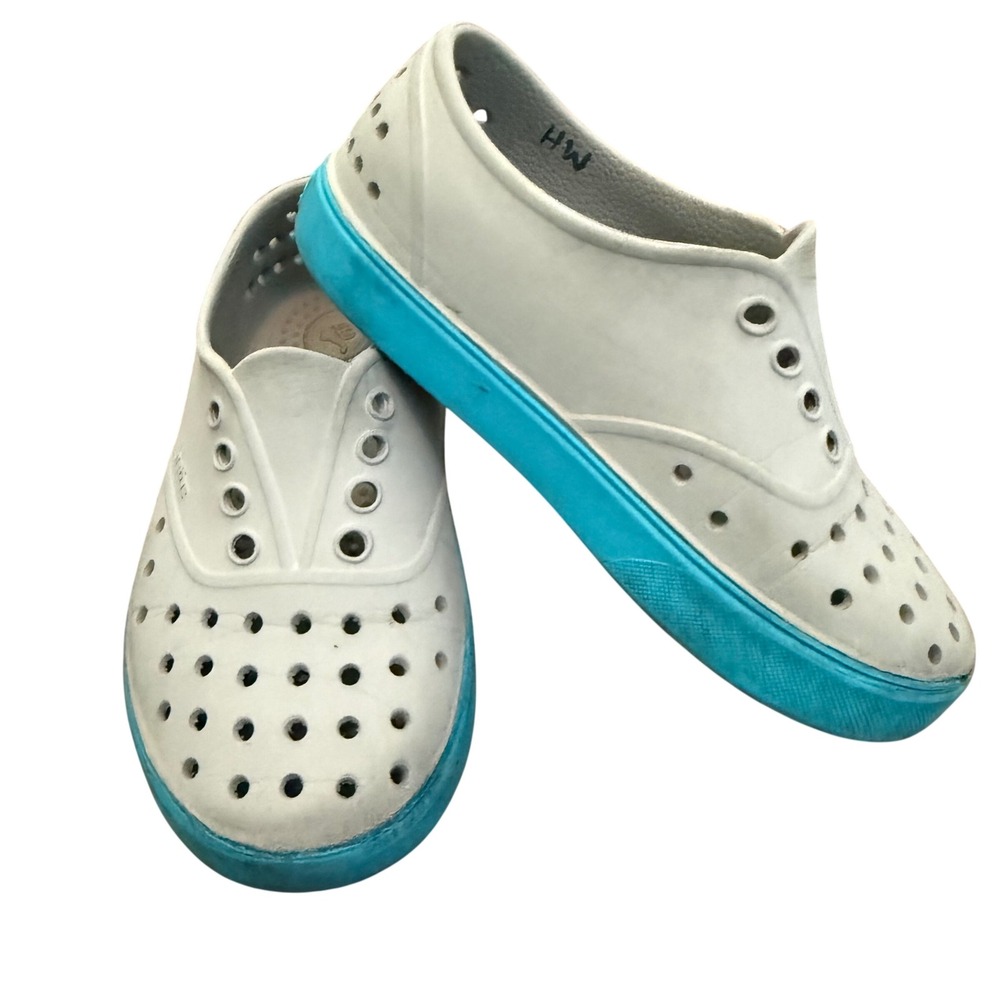 Native Shoes Jefferson Kids C11 Shell Light Gray Aqua Blue Slip On Water Shoes